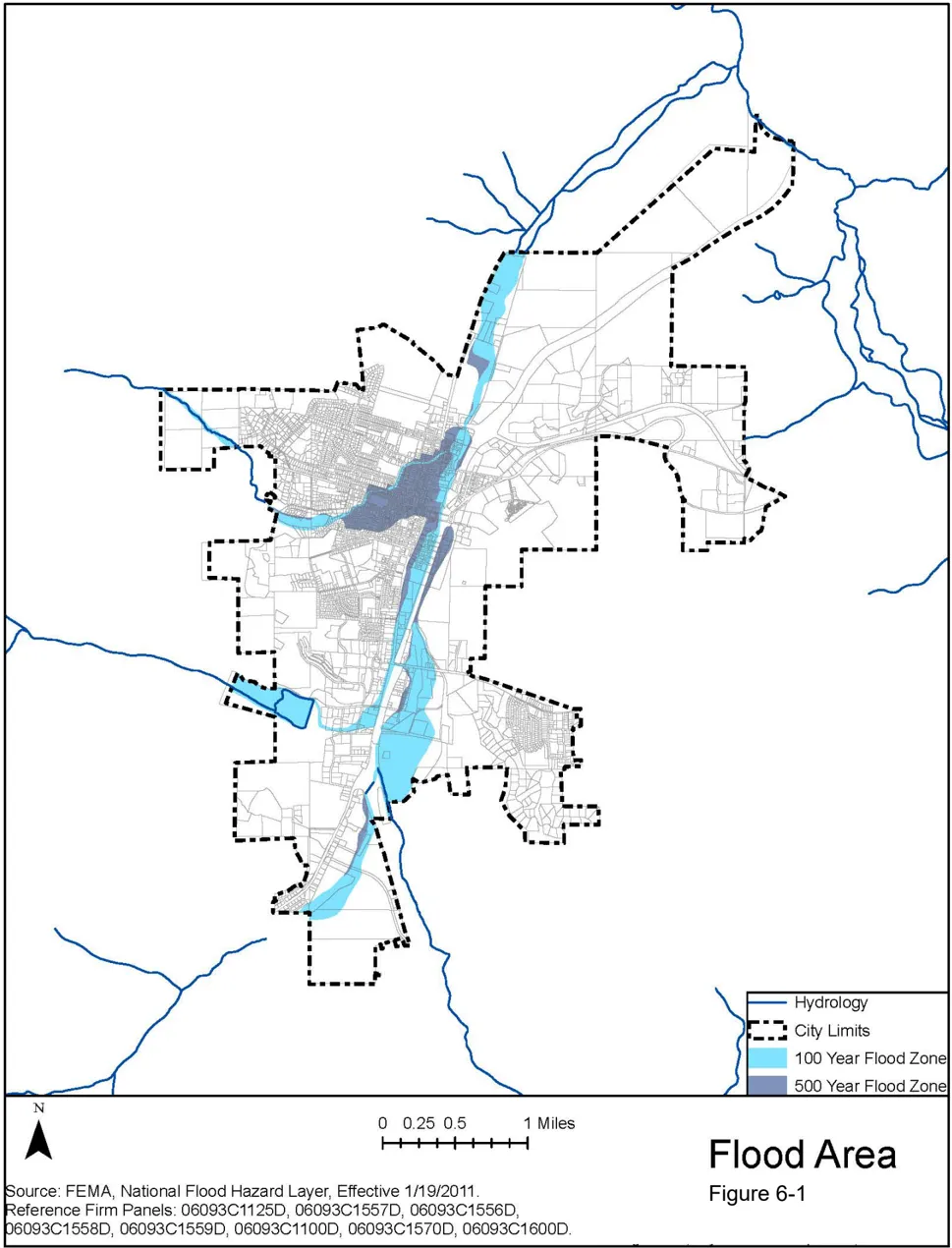 Map of the City of Yreka showing 100-year and 500-year flood zones along Yreka Creek, Greenhorn Creek, and Humbug Gulch, with city limits outlined by a dashed border and hydrology features shown in blue. The flood zones extend primarily along Yreka Creek through the center of the city from south to north. Source: FEMA National Flood Hazard Layer, effective January 19, 2011.