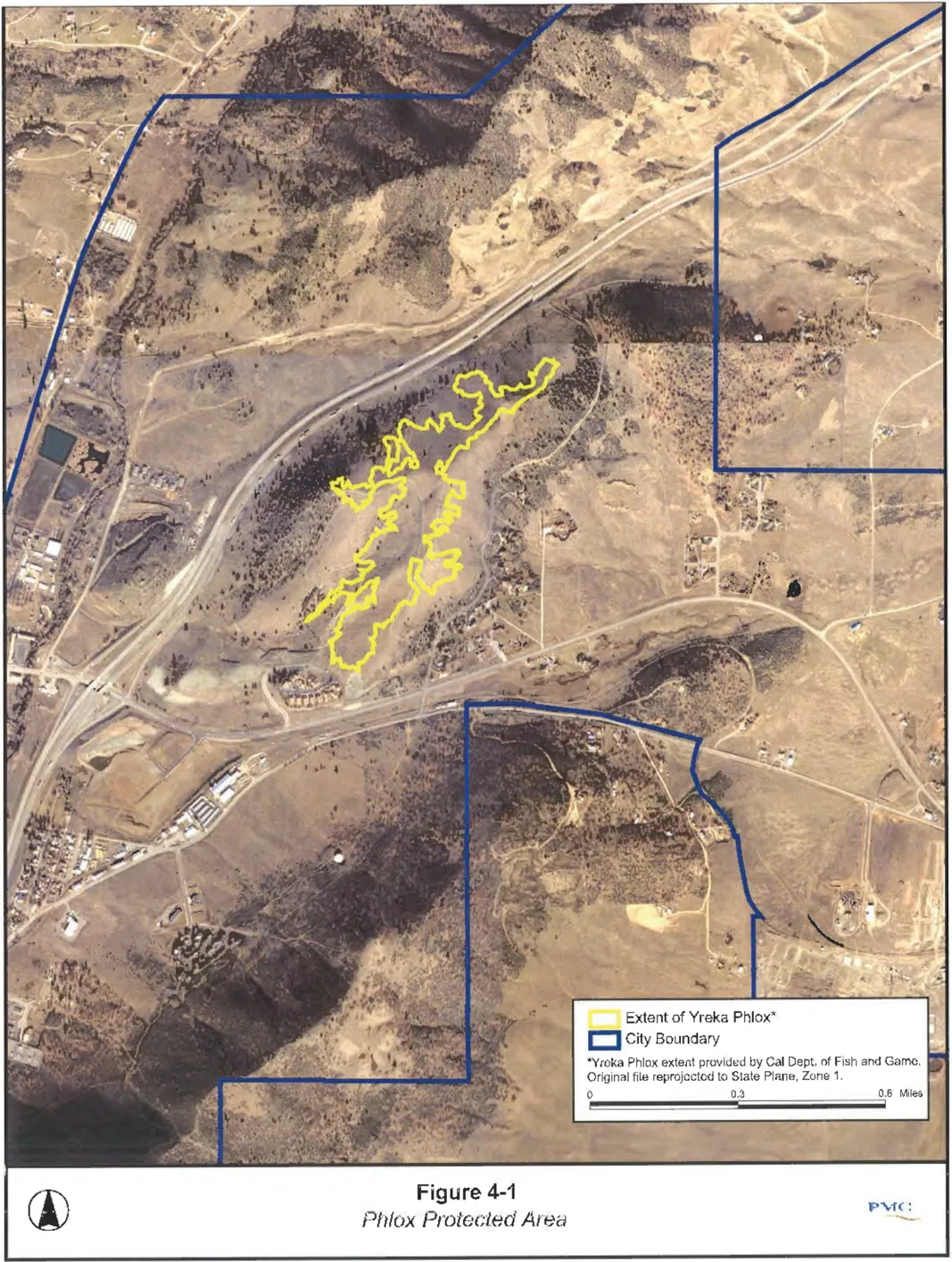 Aerial map showing the Phlox Protected Area, with the extent of Yreka Phlox outlined in yellow and the City of Yreka boundary outlined in blue. The highlighted habitat area is east of Interstate 5 near Juniper Drive.