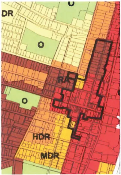 Close-up of the City of Yreka Land Use Map showing the downtown area with color-coded land use designations including Residential Agriculture (RA), High Density Residential (HDR), Medium Density Residential (MDR), and Open Space (O). The Historic District boundary is outlined in bold black.