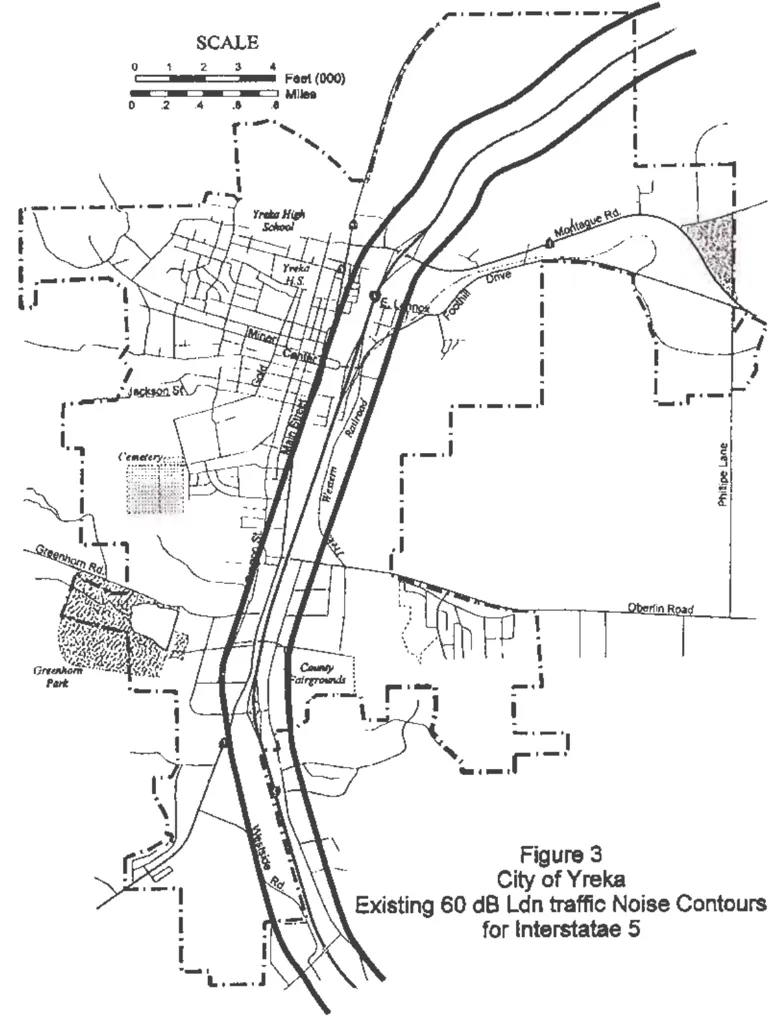 Map of the City of Yreka showing existing 60 dB Ldn traffic noise contours for Interstate 5. Bold lines on either side of I-5 indicate the extent of the 60 dB noise contour, which extends several hundred feet from the freeway centerline through the length of the city. Major streets, Greenhorn Park, the County Fairgrounds, and the Yreka Western Railroad are labeled for reference.