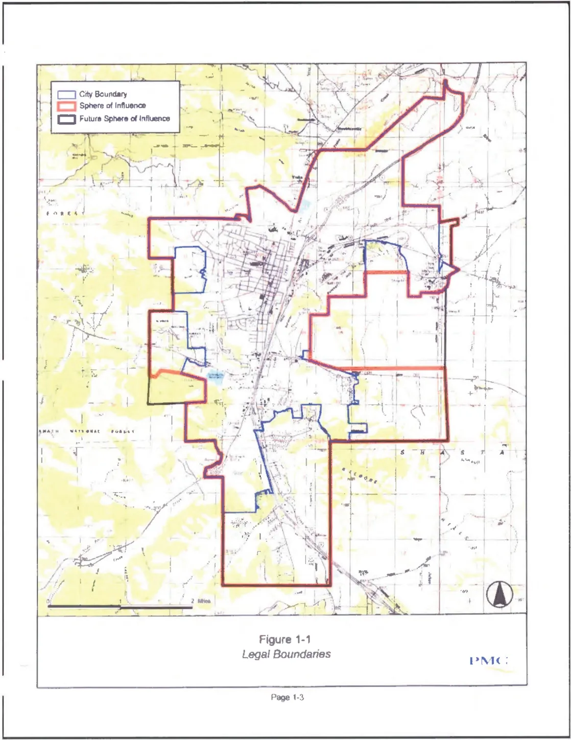 Map showing the legal boundaries for the City of Yreka planning area, including the City Boundary in blue, Sphere of Influence in red, and Future Sphere of Influence in dark red. The map is set against a topographic background showing the Shasta National Forest to the west and surrounding terrain. The planning area extends well beyond the city limits to encompass surrounding lands.