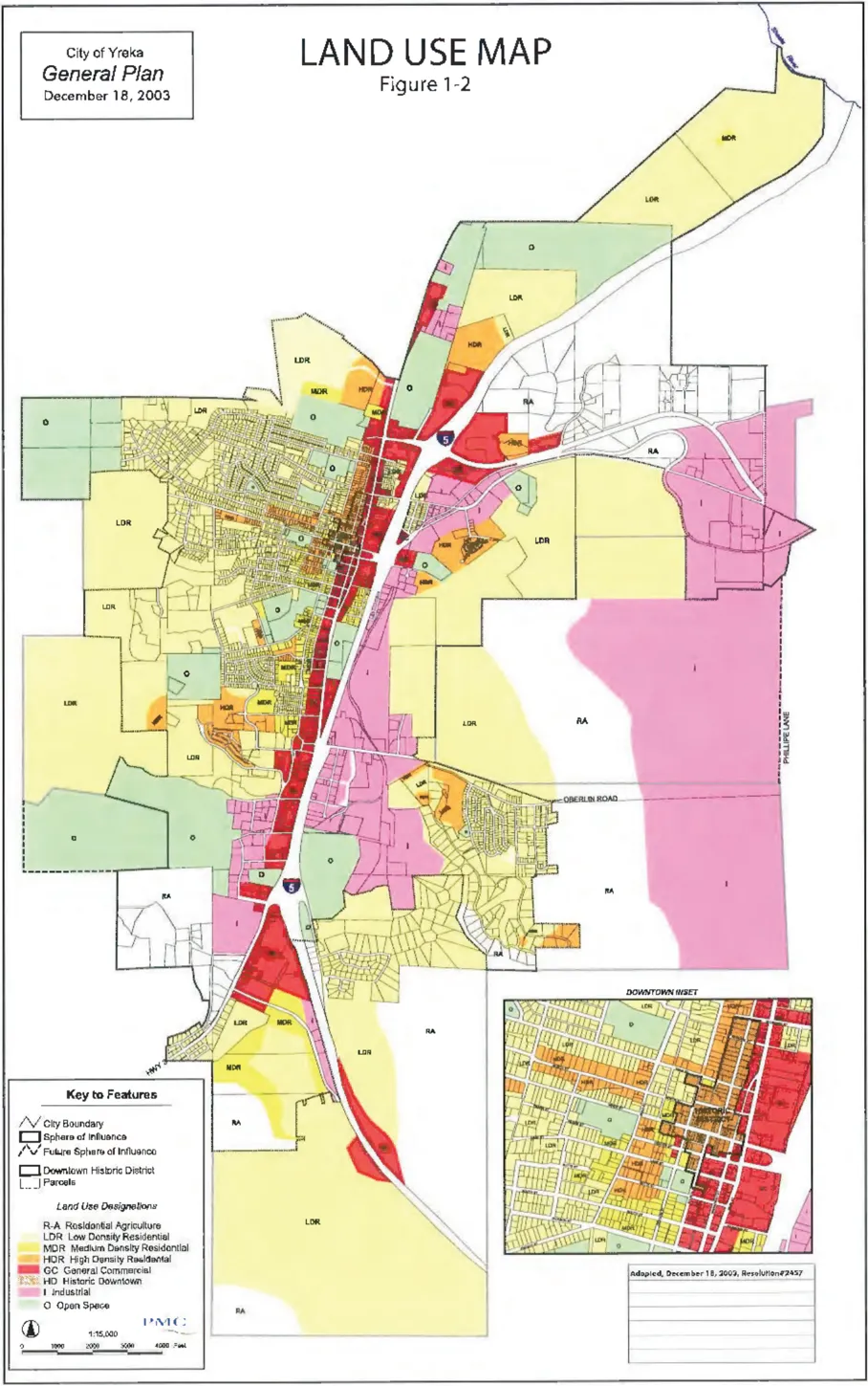 City of Yreka General Plan Land Use Map dated December 18, 2003. The map shows color-coded land use designations across the entire planning area: Residential Agriculture (yellow), Low Density Residential (light yellow), Medium Density Residential (orange), High Density Residential (dark orange), General Commercial (red), Historic Downtown (hatched red), Industrial (pink), and Open Space (green). Interstate 5 runs north-south through the center, with a downtown inset map in the lower right corner.