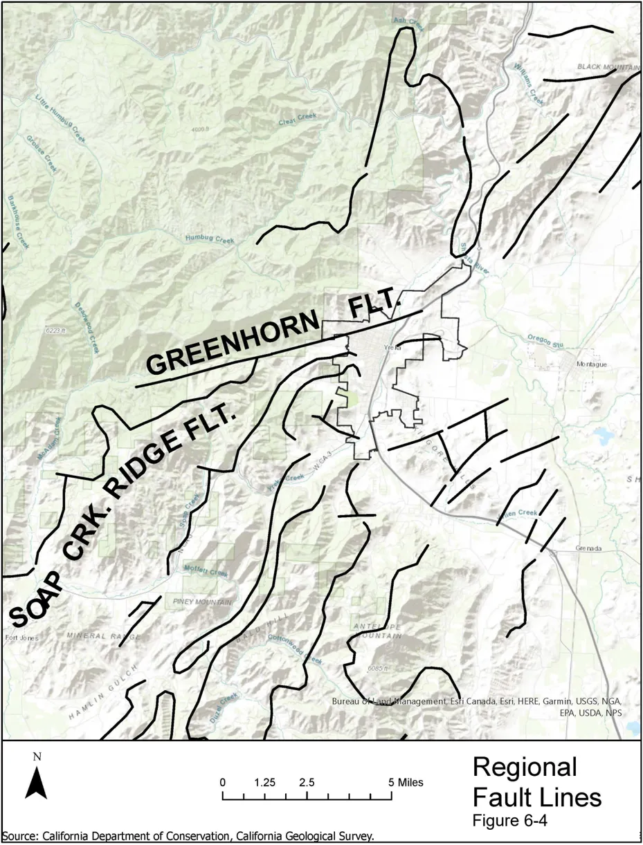 Regional map showing fault lines in the Yreka area. The Greenhorn Fault runs east-west north of the city, and the Soap Creek Ridge Fault extends to the southwest. Multiple smaller fault lines are depicted as bold black lines across the surrounding terrain, with the City of Yreka outlined in the center-right of the map. Nearby landmarks include Piney Mountain, Antelope Mountain, Fort Jones, Montague, and Grenada. Source: California Department of Conservation, California Geological Survey.